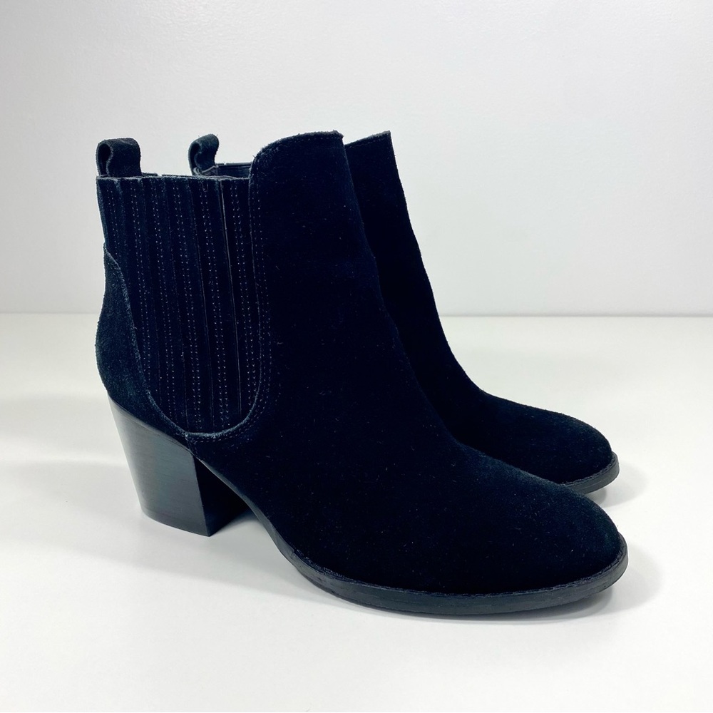 Crown Vintage Rich Black Suede Leather Chelsea Pull On Heeled Ankle Boots 8.5